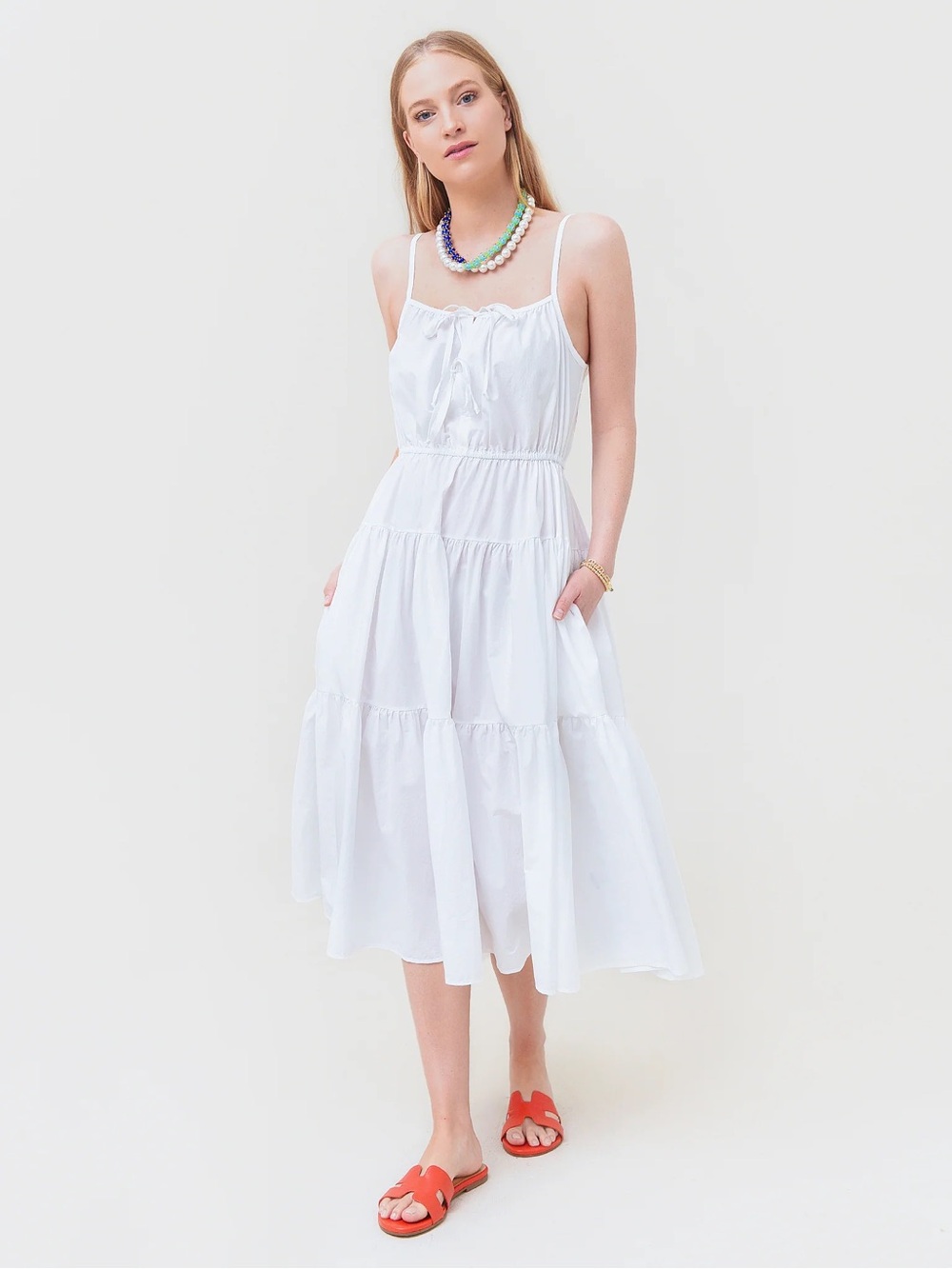 Ciao Lucia Brigida Tiered Front-Tie Midi Dress in White, Size Large